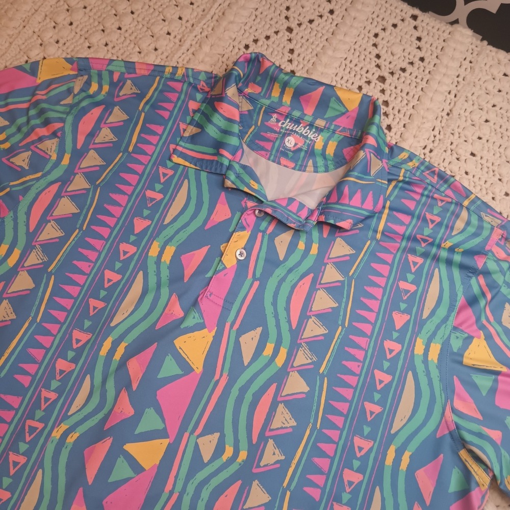 Chubbies Polo Shirt Mens XL Performance‎ Golf Geometric 90s Neons Rare Rad AOP